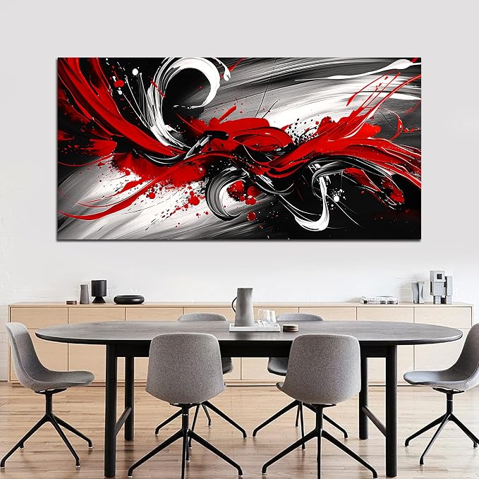 Black and White Red Large Canvas Wall Art for Living Room Framed Print Picture Painting Bedroom Office Wall Decor Modern Room Abstract Wall Decorations Artwork Size 24x48 Ready to Hang