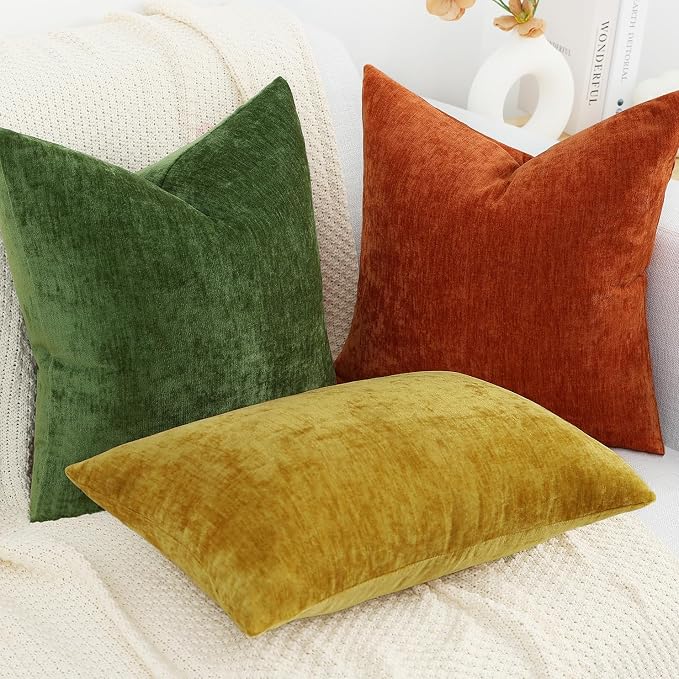 decorUhome Soft Chenille Moss Green Throw Pillow Covers 12X20 Set of 2 | Decorative Fall Couch Pillow Covers Solid Dyed Accent Modern Farmhouse Neutral Rectangle Pillow Cases for Sofa