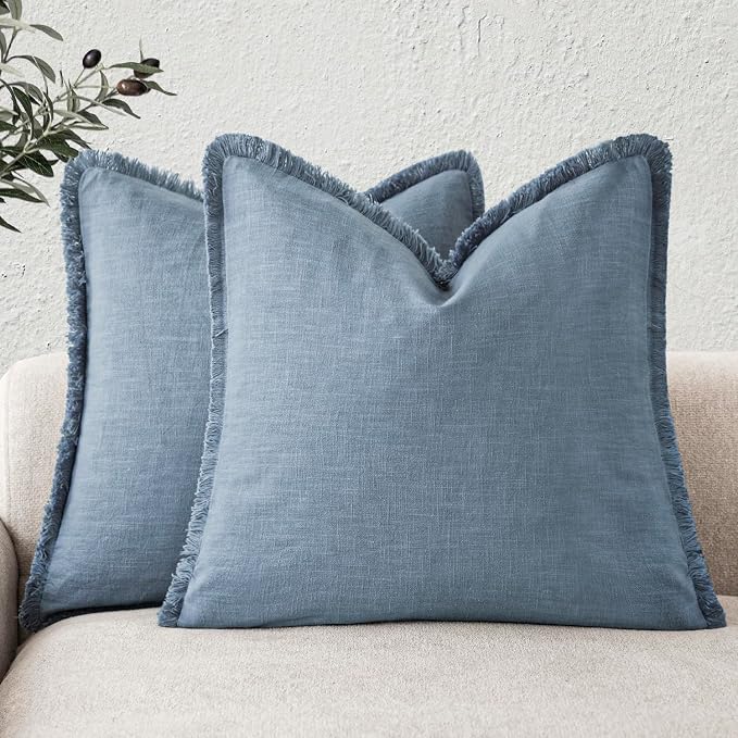 Foindtower Set of 2 Decorative Linen Fringe Throw Pillow Covers Cozy Boho Farmhouse Cushion Cover with Tassels Soft Accent Pillowcase for Couch Sofa Bed Living Room Home Decor, 20×20 Inch, Misty Blue