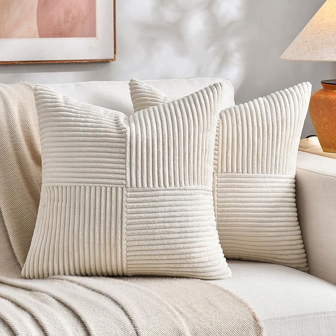 Fancy Homi Set of 1 Cream Square Decorative Throw Pillow Covers 14x14 Inch for Living Room Bedroom Couch Bed Sofa, Soft Striped Corduroy Modern Rectangle Accent Cushion Case 35x35 cm