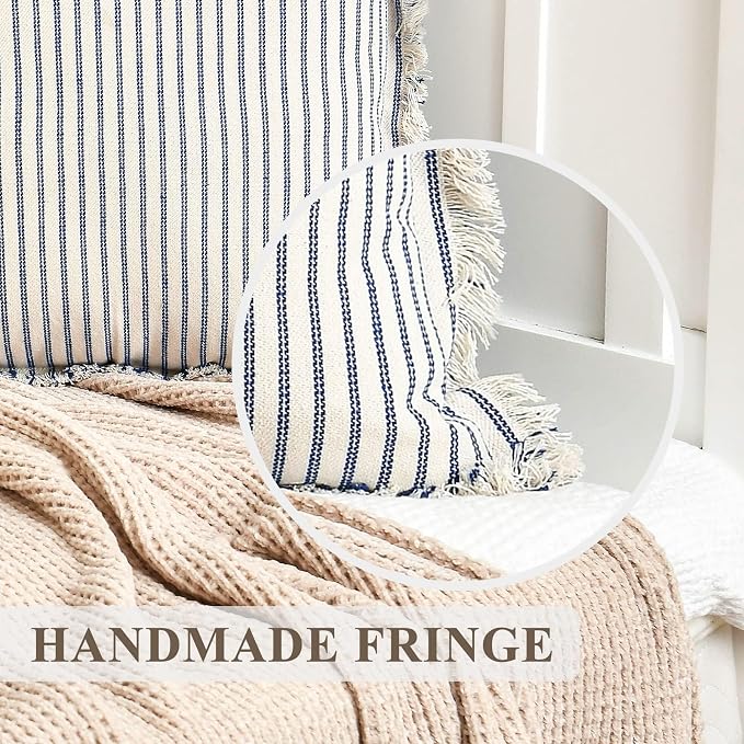 Throw Pillow Covers 22x22 Set of 2 Striped Pillow Covers with Fringe Chic Cotton Decorative Pillows Square Cushion Covers for Sofa Couch Bed Living Room Farmhouse Decor, (Gray)