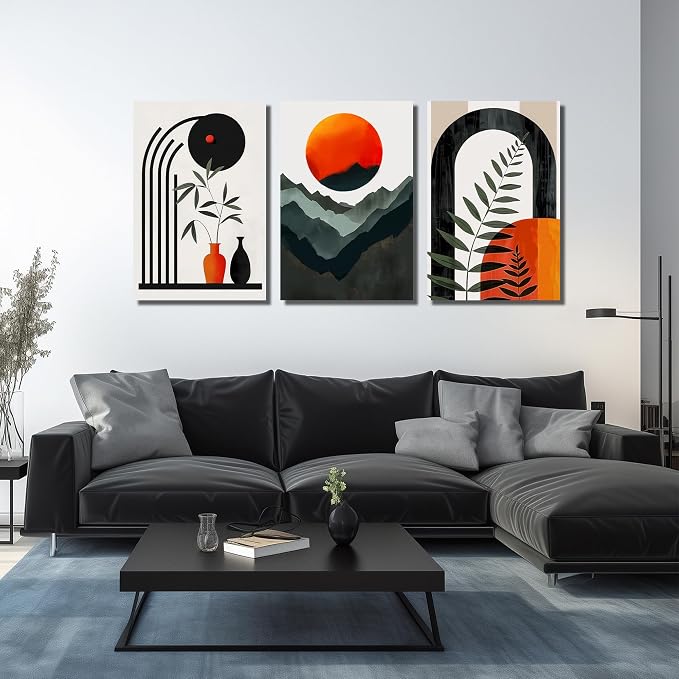 DNIEOTU Boho Canvas Wall Art for Living Room, Bohemian Wall-Decor for Bedroom, Minimalist Geometric Shapes Picture Prints, Size 24 x 36 Inches 3-Pieces