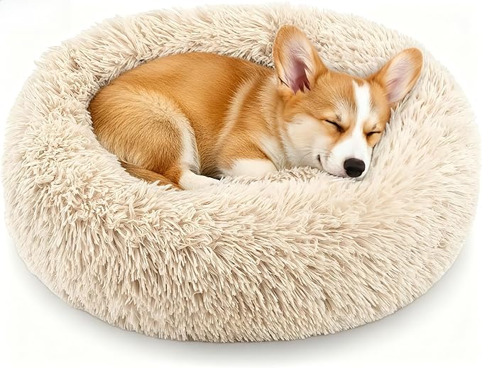 Calming Donut Dog and Cat Bed for Indoor Cats, Anti-Anxiety Round Fluffy Soft Washable Small Pet Bed for Puppy and Kitten, Warming Comfortable Luxury Anti-Slip Waterproof Mute Base 20in Light Brown