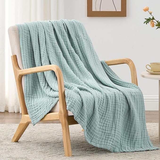 Love's cabin 100% Cotton Muslin Blanket, 6 Layer Lightweight Breathable Gauze Large Throw Blanket 50 x 70 Inches, Soft Cooling All Season Blanket for Couch or Sofa, Cyan