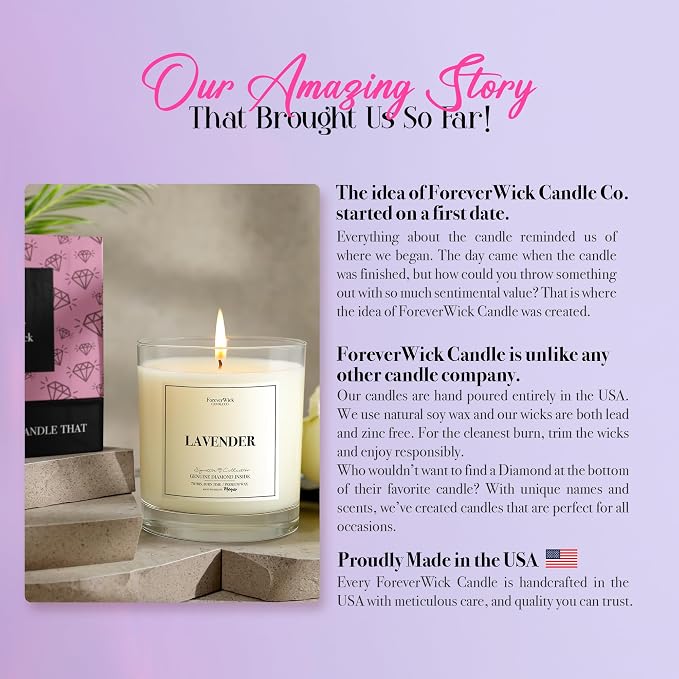 Lavender & Magnolia Surprise Candle with Diamond Inside | Foreverwick Candles | Scented Soy Candles Gifts for Women Aromatherapy Candle Wax | Romance Candles All-Natural Organic Soy Candle 14oz | 70h