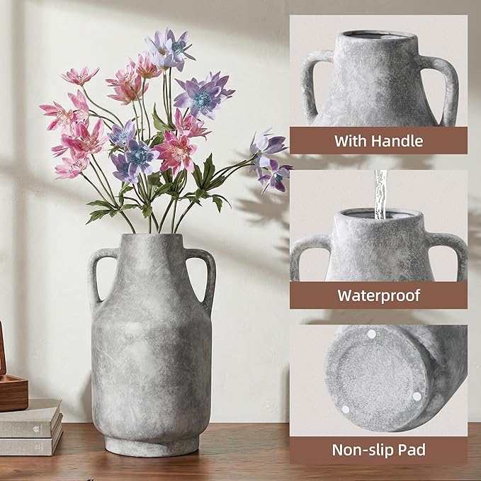 Ceramic Flower Vase with Handles, 11 Inch Tall Rustic Vase, Large Terracotta Pottery Vase for Home Decor, Farmhouse Decorative Vase for Living Room Kitchen Table Shelf Bedroom Decor