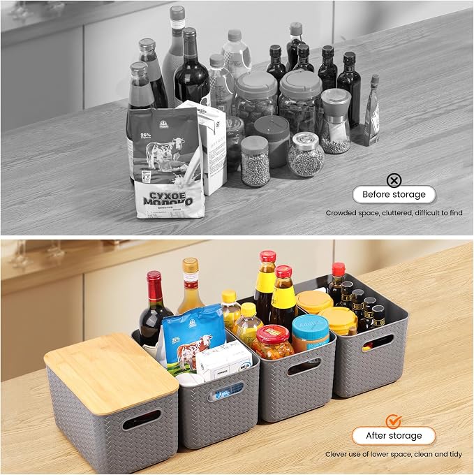 Ohmlove 4 Packs Storage Bins with Bamboo Lids - Plastic Storage Containers with Lids Stackable Storage Box：Storage Baskets for Organizing Desktop Closet Playroom Classroom Office,Gray