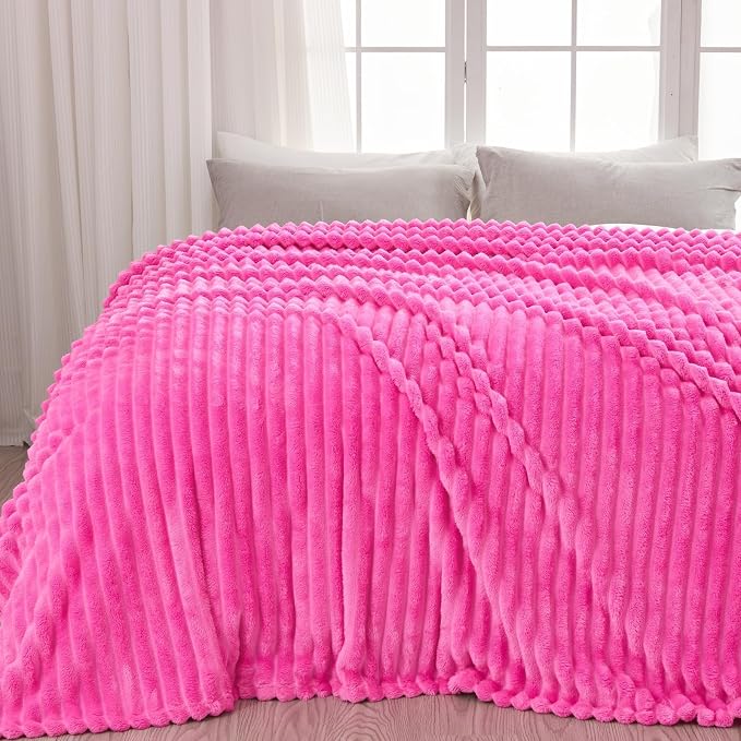 NEWCOSPLAY Fleece Ribbed Cozy Queen Blanket for Couch, Hot Pink, 90"x90" | Premium Silky Flannel Blanket, Soft Lightweight Fluffy Throw Blanket for Bed Sofa Decor, Gift for All Season Use