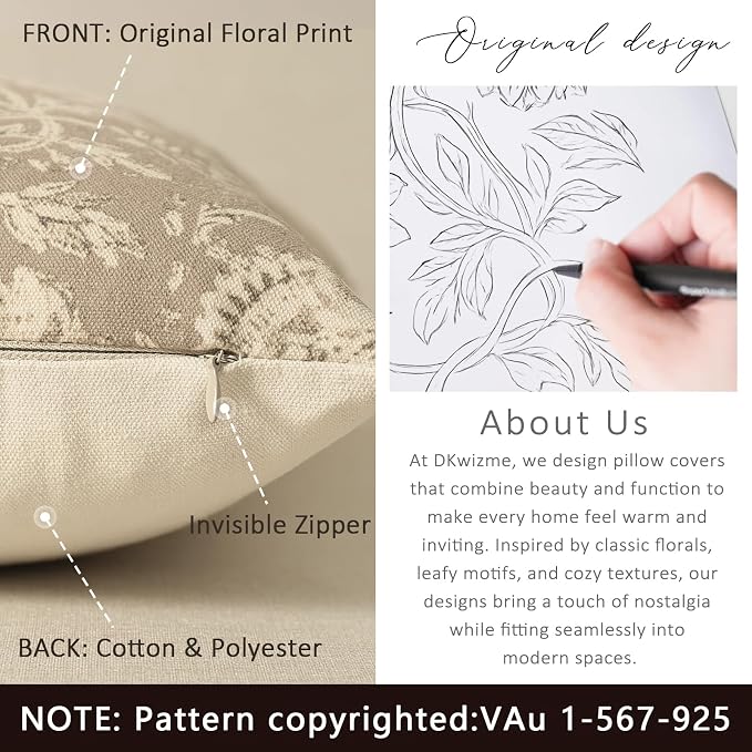 Vintage Floral Print Throw Pillow Covers 18x18 Set of 2 Neutral Modern Farmhouse Pillowcases Accent Decorative Cushion Covers Boho Home Decor for Couch Sofa Chair Bed Living Room, Latte