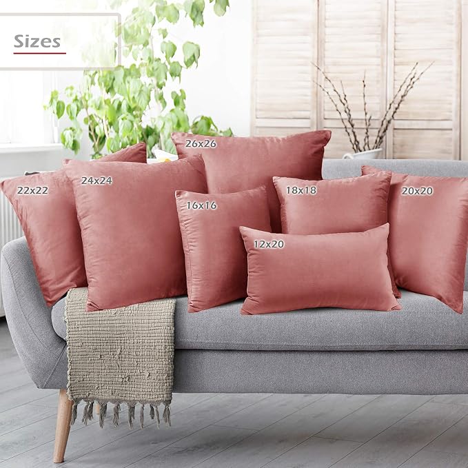 Throw Pillow Inserts Pack of 2 with Velvet Soft Solid Decorative Square Throw Pillow Covers Set for Sofa Couch Car Bedroom, 12X20 Throw Pillows Inserts with 12x18 Washable Cushion Covers, Misty Rose