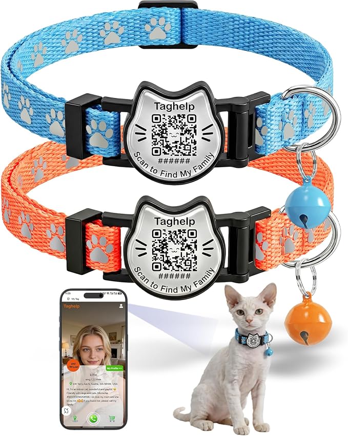 Breakaway Cat Collar with QR Code Tag and Bell (Blue & Orange) | Reflective Nylon, Quick-Release Buckle