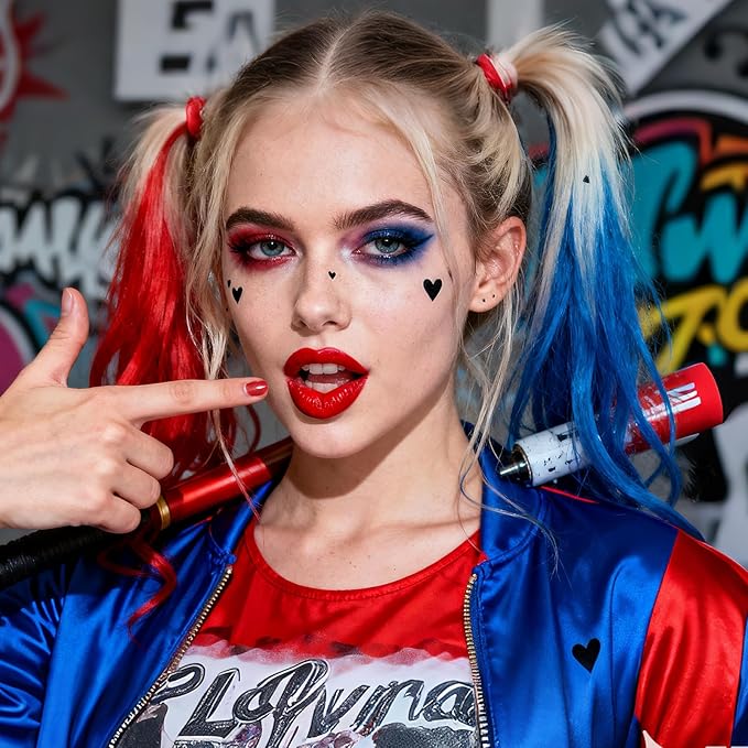 Halloween Makeup Kit for Harley Quinn Cosplay, Red and Blue Clip in Hair Extensions & Face Body Paint Stick, Black Eyeliner Stamp, Costume Accessories for Harley Quinn SFX Looks