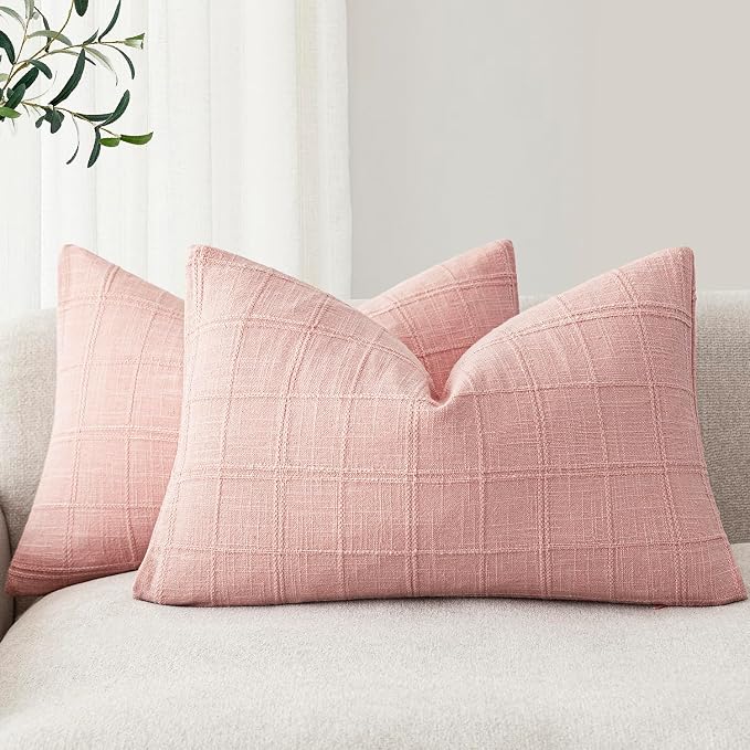 Foindtower Set of 2 Decorative Linen Check Throw Pillow Covers Neutral Farmhouse Lumbar Cushion Covers Modern Boho Accent Home Decor for Sofa Chair Couch Bedroom Living Room,12×20 Inch,Light Pink