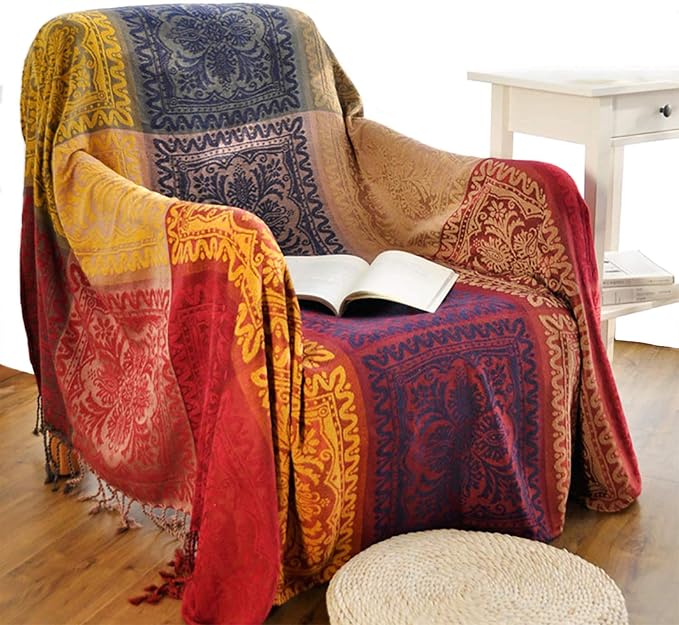 Boho Throw Blanket, Chenille Jacquard Tassels Throw Blankets for Bed Couch Soft Chair， Bohemian Fringe Tassels (Red, Large 86 * 102Inches)