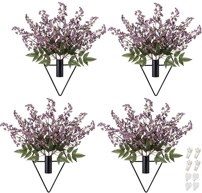 Hanaive 4 Sets Boho Wall Decor Metal Wall Art Hanging Planters with Artificial Pampas Display Modern Home Vase for Bedroom Home Office(Elegant,Light Purple)