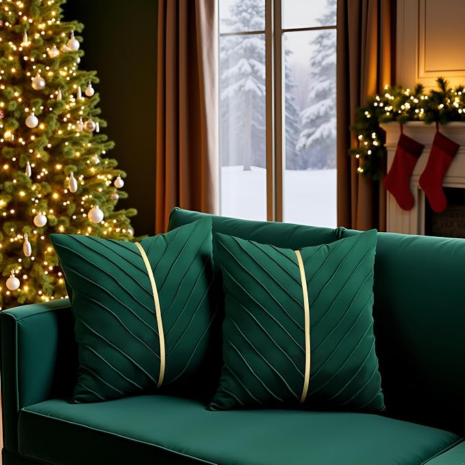 Velvet Throw Pillow Covers 26x26 Pack of 2 Gold Decor Dark Green | Soft Solid Pillow Covers,Modern Luxury Xmas Decor,for Couch Chair Sofa Bedroom Livingroom,Hidden Zipper,Ideal Gift,Easy Care