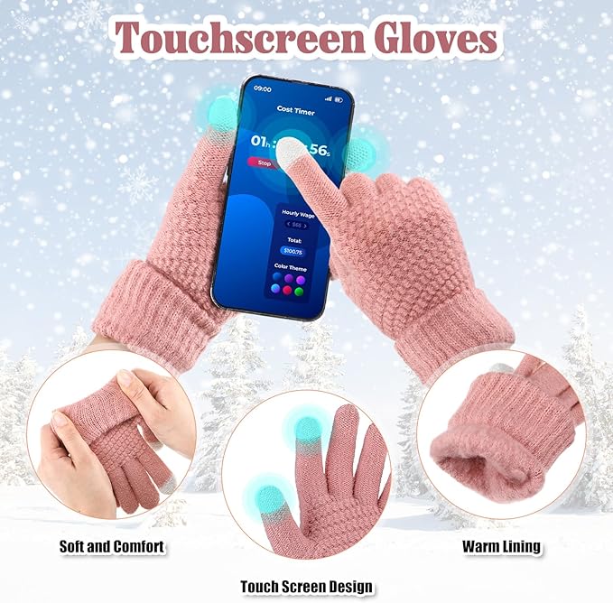 SATINIOR 5 Pcs Winter Hat Scarf Gloves Set Fleece Warm Lined Knit Beanie Hat Touch Screen Earmuff Gloves Warmer for Women(Pink,Cool Style)
