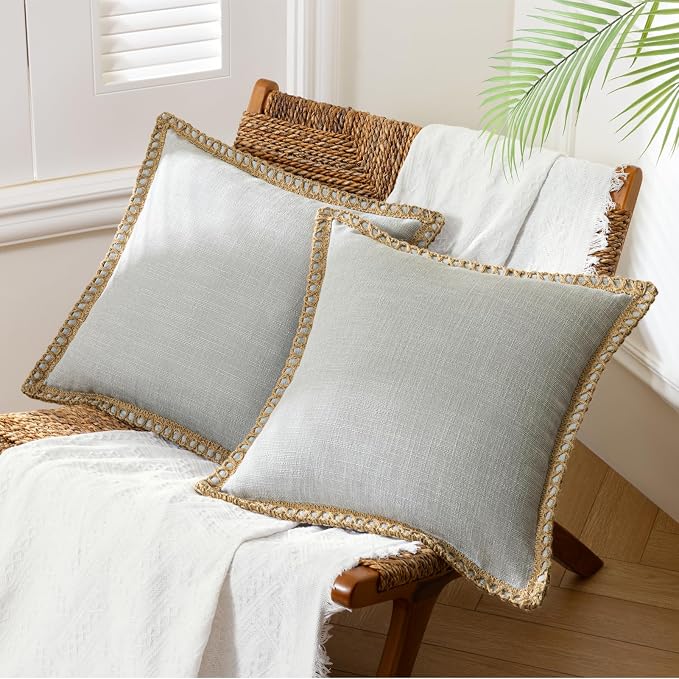Phantoscope Pack of 2 Farmhouse Decorative Throw Decorative Pillow Cover Burlap Linen Trimmed Tailored Edges, Flax Gray, 20 x 20 inches, 50 x 50 cm