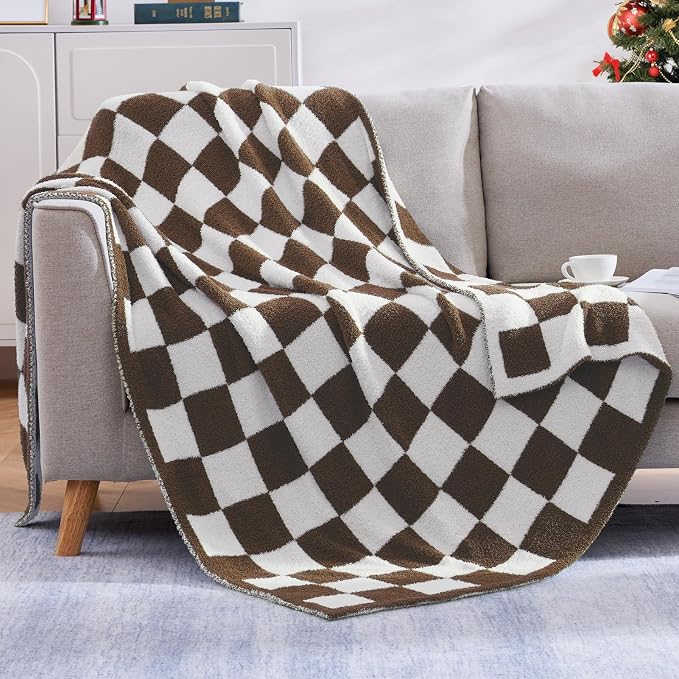 Soft Twin Size Checkered Blanket for Bed-Cozy Knitted Blankets | Lightweight Fluffy Warm Decor for Women, Mom, Her & Girls, Sofa, Chair, Couch, 60x80in,Coffee