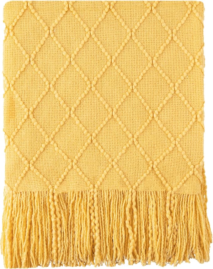BATTILO HOME Mustard Throw Blanket with Fringe Geometric Bed Gold Yellow Throws Breathable Decorative Large Throw for Couch Sofa Indoor Outdoor (Mustard, 50"x60")