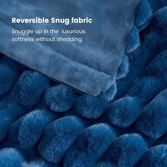 Cozy Bliss Faux Fur Throw Blanket for Couch, Cozy Warm Plush Striped Blanket for Sofa Bedroom Living Room, 60 * 80 Inches Navy Blue