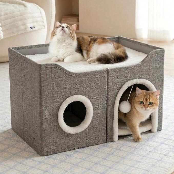 Eolahalcy Cat Beds for Indoor Cats - Large Cat Cave for Pet Cat House with Fluffy Ball Hanging and Scratch Pad, Foldable Cat Houses for Large Indoor Cats,Cat Hideaway, 23.8x15.9x13.2 inches, Grey