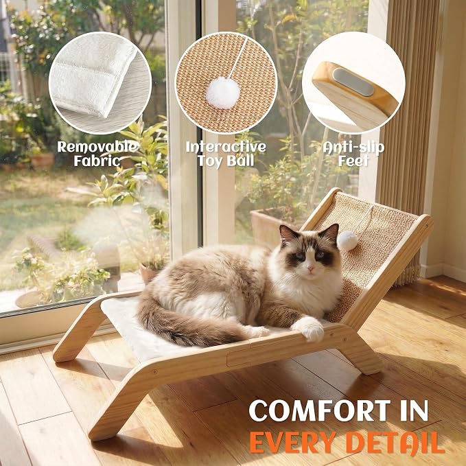 PETKARAY Beach Chair Cat Hammock, Elevated Cat Beds for Indoor Cats, Original Cozy Lounger with Sisal Scratcher and Toy Ball