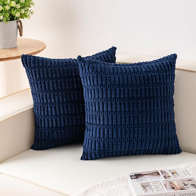 Aegero Pack of 2 Corduroy Decorative Throw Pillow Covers 18x18 Inch, Blue | Fall Soft Striped Pillow Covers Modern Farmhouse Home Decor Christmas Throw Pillow Covers for Sofa Living Room Couch Bed