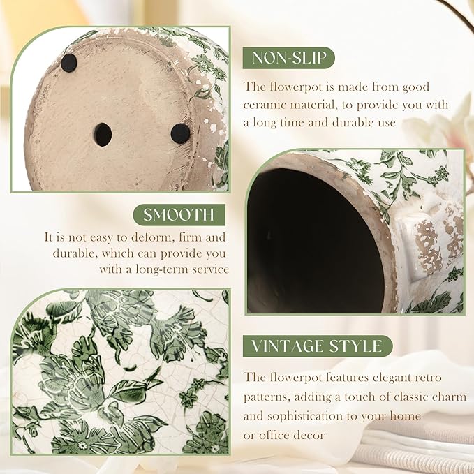 Ceramic Green Scroll Planter 6.5 Inch Chinoiserie Floral Vase with Drainage Holes Vintage Flower Vase Flower Pot Rustic Ceramic Pots for Indoor Plants Flowers Garden Home Bookshelf Decor