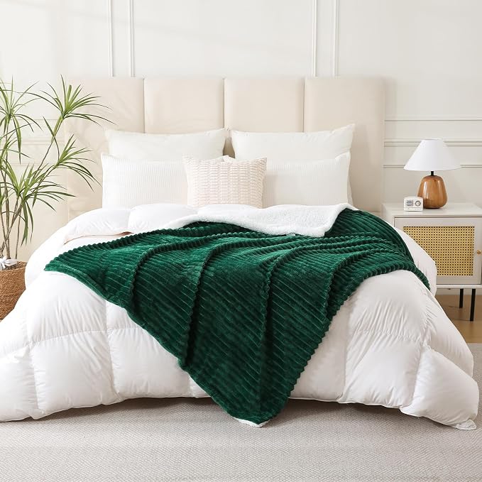 Green Sherpa Fleece Throw Blanket 108”×90”for Couch Sofa | Double Side Soft Fuzzy Cozy Plush Thick Flannel Blanket with Striped Design Gift for Adults,Woman