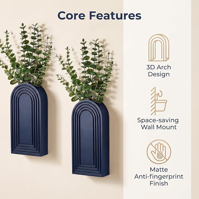 Dnnnii 2 Pack Wooden Wall Vase Set - Blue Finish Modern Farmhouse & Boho Wall Decor for Entryway, Hallway, Bathroom, Living Room, Dining Room, Narrow Spaces