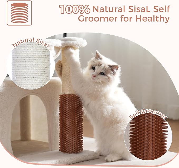 Cat Tree 32” Small Cat Tower with Large Hammock 16”& Self Groomer | Compact Cat Tree with Hammock 16” Dia, Removable Bed, Scratching Post & Self Groomer Small Cat Tree for Indoor & Adult Cats