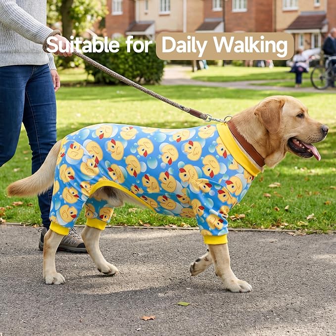 XPUDAC 2 Pack Dog Pajamas for Large Breeds, Soft Warm Dog Pjs Onesie 4-Way Stretch Pet Outfit Lightweight Pet Clothes Boy Girl Duck Strawberry Print, 4XL