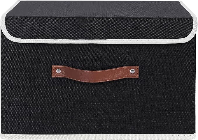ANMINY Fabric Storage Box Bins with Lids, Black, 13"x9"x7.9", 2 Pack | Keepsake Memory Storage, Cotton Linen, PP Board Reinforced, Washable, PU Handles, Foldable & Stackable, Decorative, Medium
