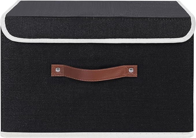 ANMINY Fabric Storage Box Bins with Lids, Black, 15"x10"x10" | Keepsake Memory Storage, Cotton Linen, PP Board Reinforced, Washable, PU Handles, Foldable & Stackable, Decorative, Large