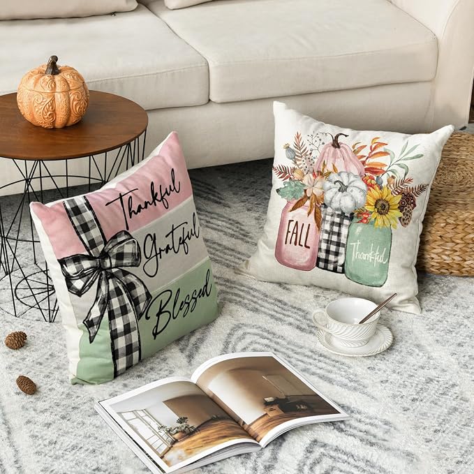 AVOIN colorlife Fall Pumpkin Home Sweet Home Throw Pillow Covers, 18 x 18 Inch Autumn Thankful Grateful Blessed Harvest Floral Pink Decorations for Sofa Couch Set of 4