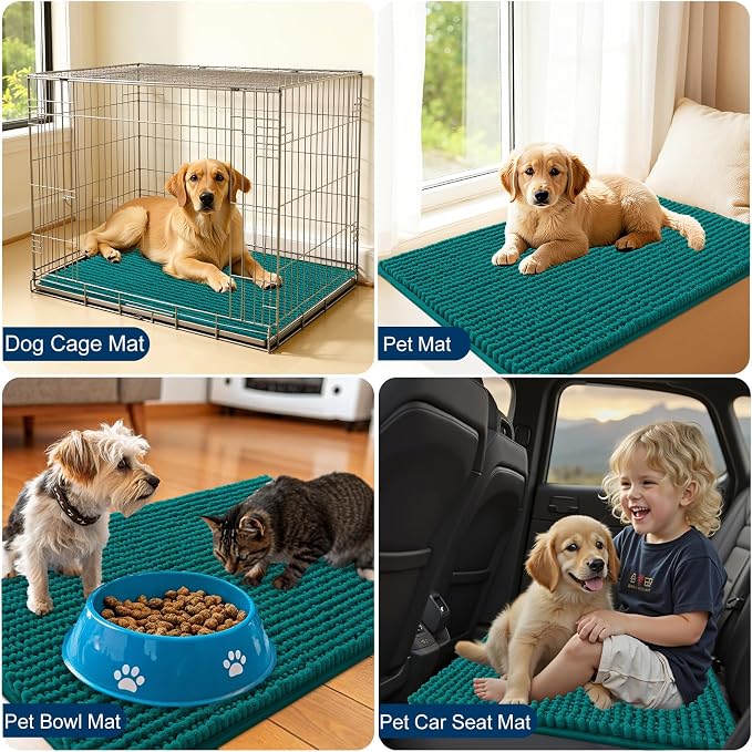 OLANLY Dog Door Mat for Muddy Paws 44x24, Extra Absorbent Chenille Mud Mat | Dark Blue, Absorbs Moisture and Dirt, Non-Slip Machine Washable Doormat, Quick-Drying Indoor Entryway Floor Mat for Dogs