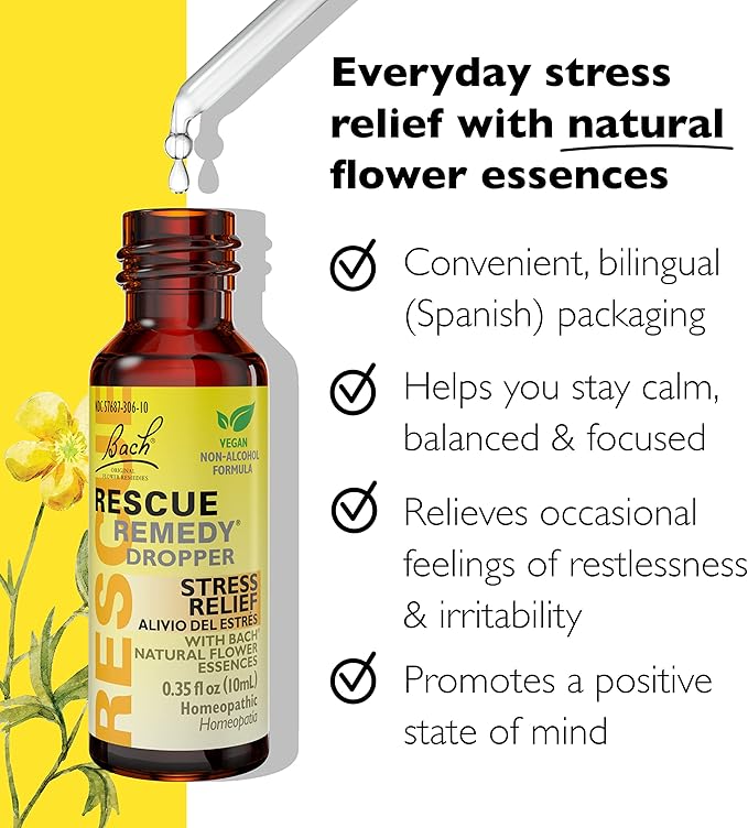 Bach Rescue Remedy Dropper 10mL, Natural Stress Relief, Homeopathic Flower Essence, Vegan, Gluten & Sugar-Free, Non-Habit Forming (Non-Alcohol Formula)