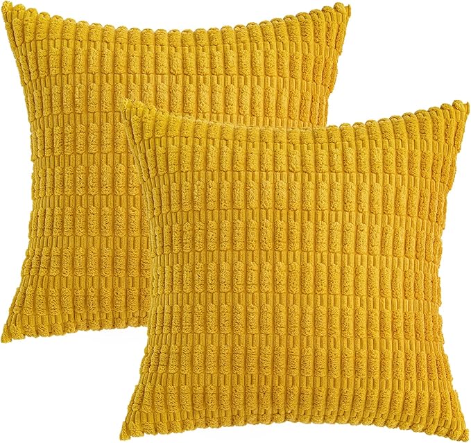 MIULEE Decorative Throw Pillow Covers 16x16 Mustard Yellow Pack of 2 | Soft Corduroy Boho Striped Pillow Covers Modern Farmhouse Home Decor For Sofa Living Room Couch Bed