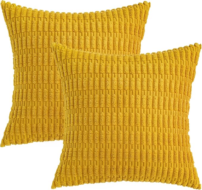 MIULEE Euro Corduroy Decorative Throw Pillow Covers 22x22 Mustard Yellow | Pack of 2 Soft Sham Boho Striped Pillow Covers Modern Farmhouse Home Decor For Sofa Living Room Couch Bed
