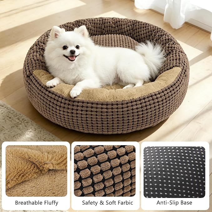 Dog Bed with Attached Blanket for Small Dogs or Cats, Soft Plush Cozy Donut Cuddler Hooded Pet Beds Washable. Round Puppy Bed Orthopedic, Calming Cat Cave Bed. Anti-Slip Bottom 26inch