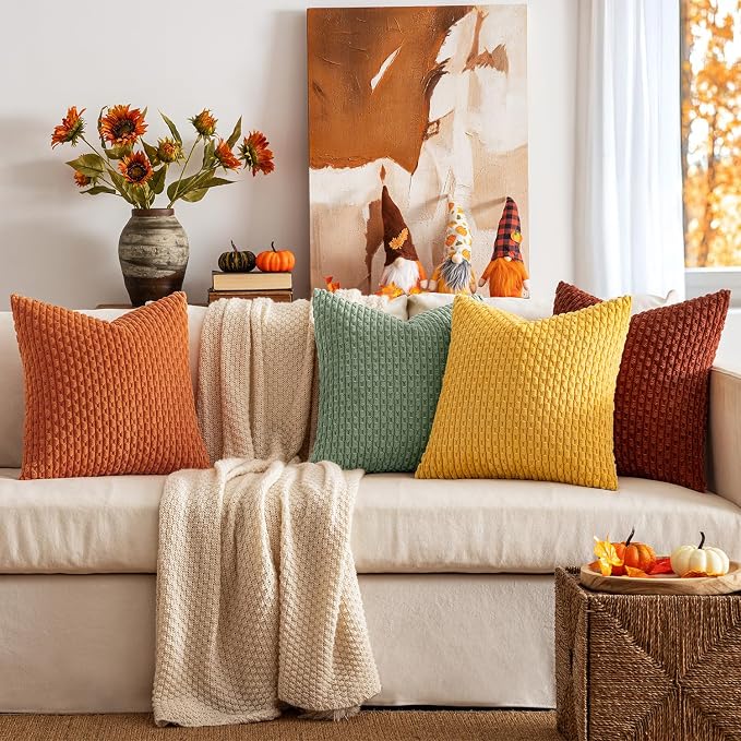 MIULEE Fall Burnt Orange Decorative Throw Pillow Covers 18x18 Set of 4 | Modern Striped Cushion Covers Soft Corduroy Pillowcase Autumn Terracotta Home Decor for Bed Sofa Living Room