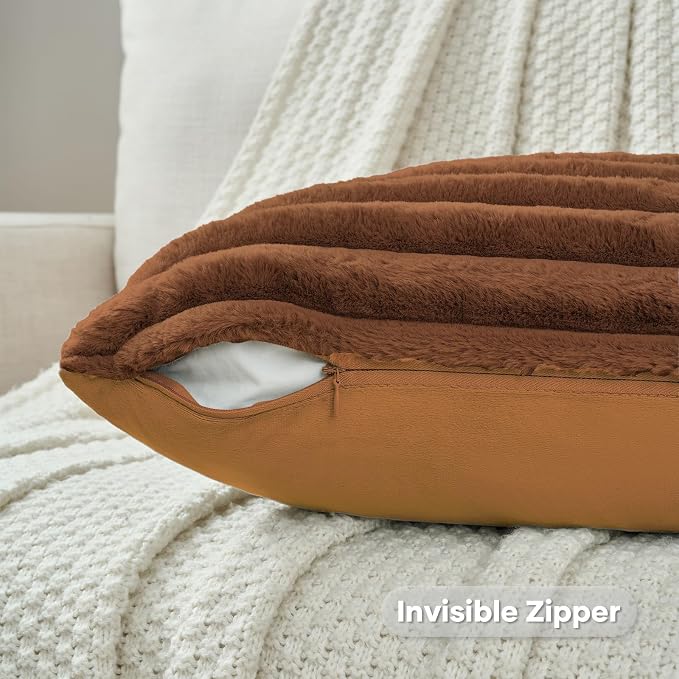 FUTEI Pack of 2 Faux Fur Throw Pillow Covers 24x24 Inch, Rust | Fluffy Faux Rabbit Fur Front/Premium Velvet Back,Hidden Zipper,Machine Washable,Non-Shedding,Colorfast,Insert Not Included.