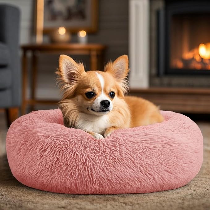 Hoewina Dog & Cat Bed, 20in Cat Beds for Indoor Cats, Calming Donut Bed for Puppy and Kitten, Washable Round Fluffy Pet Bed for Small Medium Dogs and Cats (Pink)