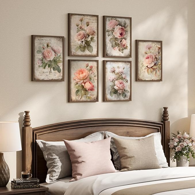 Framed Vintage Floral Wall Art, Set of 6 Boho Pink Rose Flower Canvas Painting Prints Artwork for Rustic Farmhouse, Retro Botanical Pictures for Bedroom Living Room Office Home Decor, 11x14