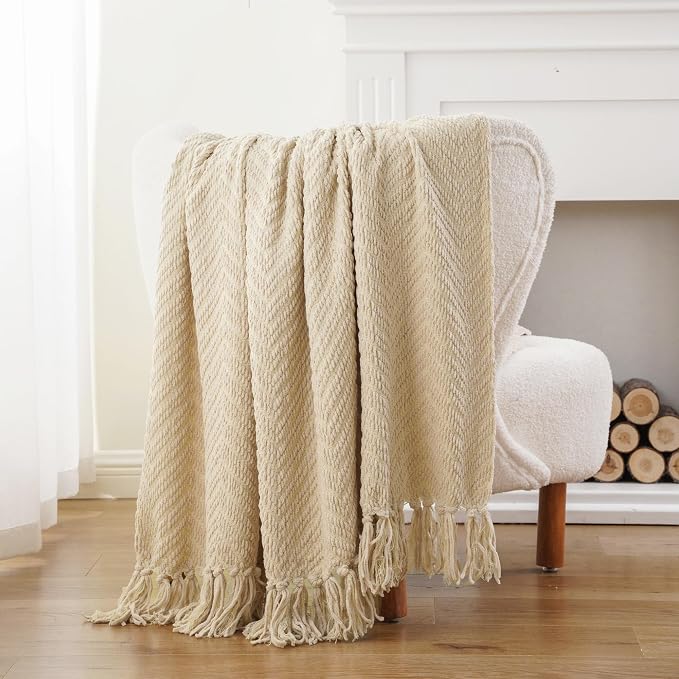BATTILO HOME Beige Throw Blanket for Couch, Knitted Beige Throw for Bed, Neutral Throw Blankets Tan Throw Blanket for Room Decor Housewarming Gifts, 50" x 60" | Knitted Beige Blanket for Bed, Neutral Throw Blanket Warm Decorative Tan Throw Blankets for...