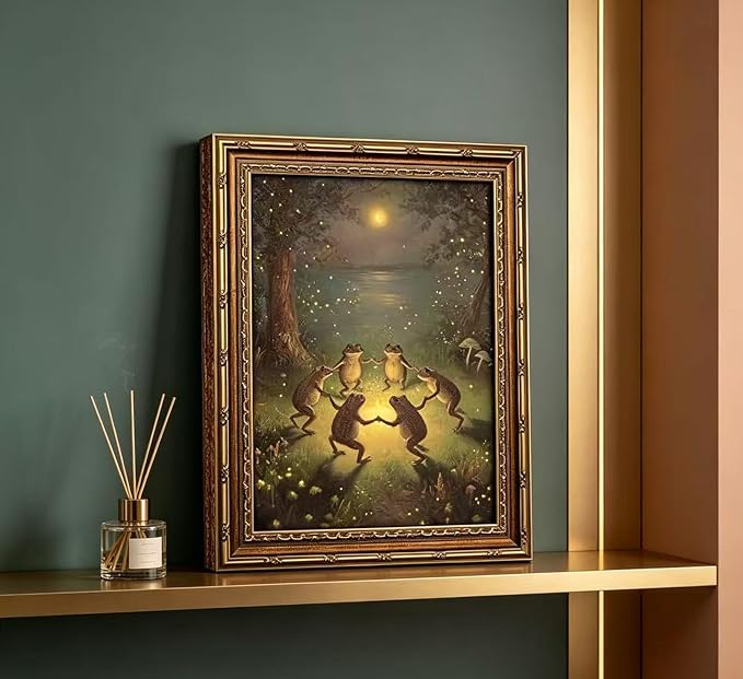 Vintage Gold Framed Frog Wall Art,Frogs Dancing in Moonlight Forest Painting Canvas Prints,Whimsical Animal Wall Decor,Retro Country Toad Poster Artwork,for Corridor Living room Bedroom Kitchen