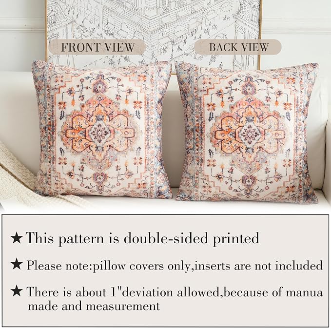 Boho Throw Pillow Covers 22x22 inch Set of 2,Boho Vintage Carpet Pattern Antique Ethnic Decor Double Sided Pattern Cushion Cover Soft Pillow Case Living Sofa Room Bed Square Pillow Cover