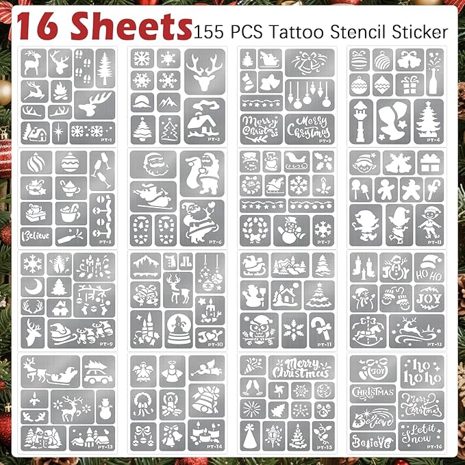 8 Metallic Temporary Tattoo Markers for Kids Adults, 155+ Christmas Santa Snowman Tattoo Stencils, Girl Boy Women Face Body Paint Cosmetic Tattoos Pens for Skin DIY Xmas Stocking Stuffers Party Favor