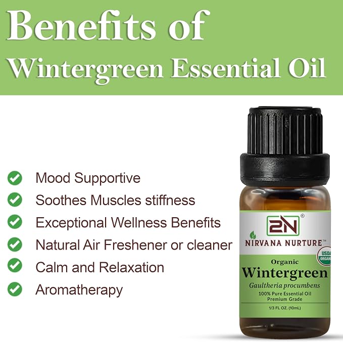 Wintergreen Essential Oil, USDA Certified Organic, 100% Pure Undiluted, Aromatherapy Oil for Diffuser, Hair & Skin Care